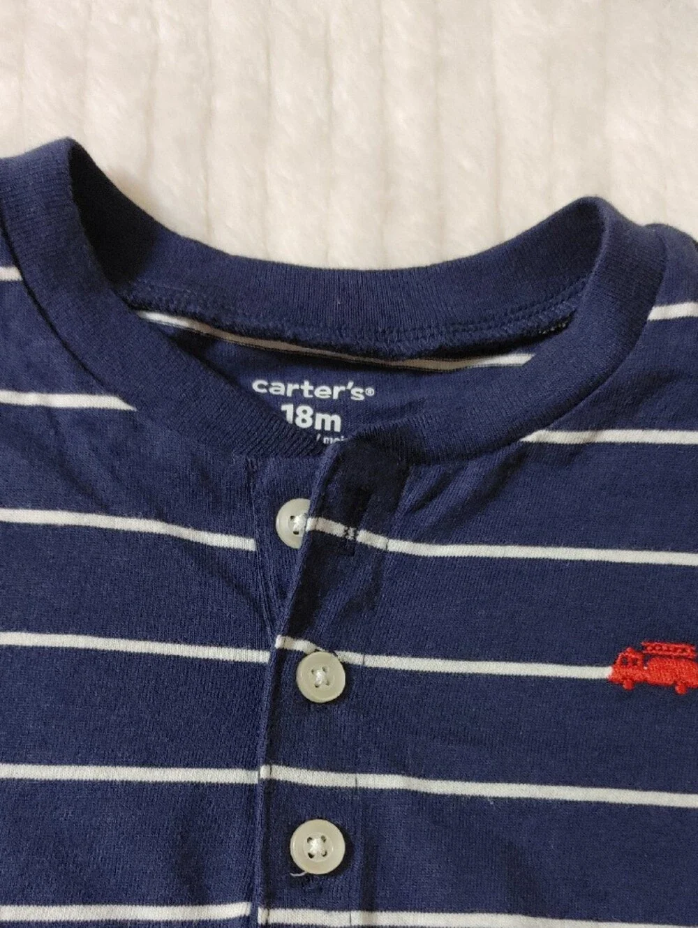 2 PC Carter's Navy Striped Henley Top with Red Vehicle Print Shorts.